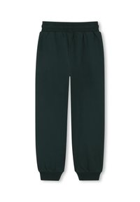 Donkergroene taps toelopende sweatpants met een elastische tailleband en boorden, gemaakt van zachte stof, met een gladde textuur en een strak ontwerp.