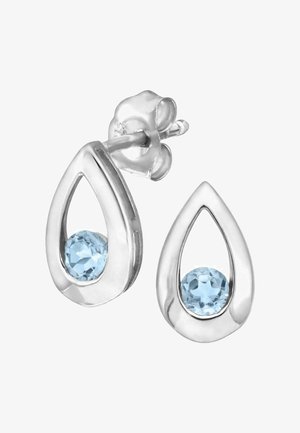 Srebrne kolczyki w kształcie łzy z fajansowym niebieskim kamieniem osadzonym w otwartym wzorze, o wypolerowanej powierzchni i z zapięciem w kształcie motylka.