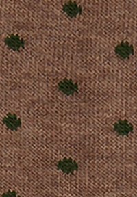 Tessuto marrone con una trama appuntita e piccoli motivi decorativi a forma di foglia verde distribuiti in modo uniforme.