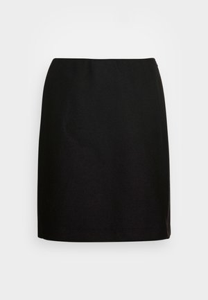 Black, knee-length skirt with a simple, straight design. Made from smooth fabric. Features an elastic waistband for comfort. No notable patterns or accents.