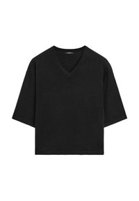 Black V-neck t-shirt made from soft fabric. Features short, wide sleeves and a relaxed fit. Smooth texture with no patterns or accents.