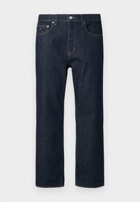 Tumed sinised denim püksid sirge lõikega, viie tasku stiiliga, metallnuppudega kinnitamine ja kontrastsed õmblused.