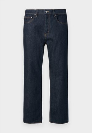 Mørkeblå denimjeans med lige skjæring, der har fem lomme-stil, en metalknaplukning og kontrastsyninger.