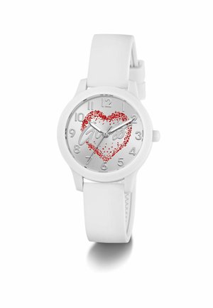 Hvid armbåndsur med sølvfarvet urskive, rødt hjerte med prikker, samt sølvfarvede tal og visere, der viser kl. 2:10:36.