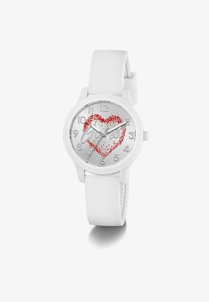 Bijeli ručni sat sa srebrnim brojčanikom, dizajnom crvenog srca s točkicama, te srebrnim brojevima i kazaljkama koje pokazuju vrijeme 2:10:36.