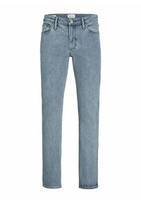 Jeans din denim light blue, cu croi drept, design cu cinci buzunare și închidere cu buton clasic. Textură netedă cu o ușoară decolorare.