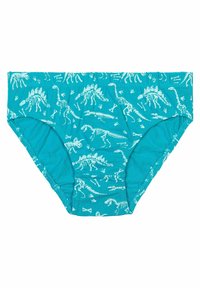 Costume da bagno in tessuto turchese con motivi di scheletri di dinosauro bianchi. Vita elastica e bordi texturizzati per comfort e vestibilità.