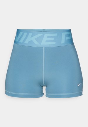 Nike blue athletic shorts with a wide waistband featuring "NIKE PRO" text. Smooth fabric, mid-thigh length, and a small white logo accent.