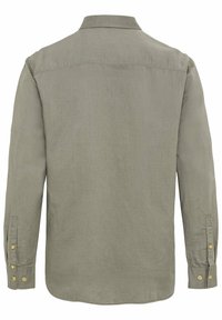 Lange mouwen shirt in licht olijfgroen, gemaakt van gestructureerde stof. Heeft een kraag, knoopmanschetten en een afgeronde zoom. Achteraanzicht weergegeven.