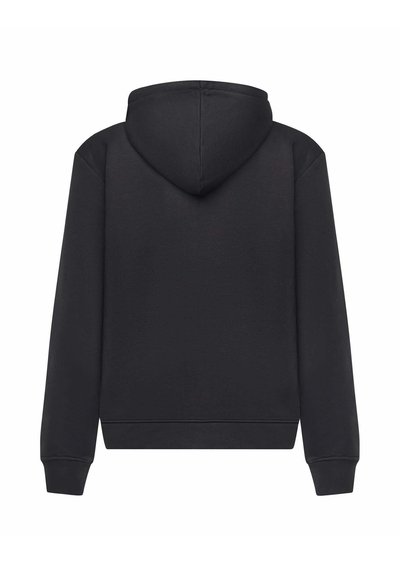 Felpa nera con cappuccio, caratterizzata da maniche lunghe, tasca a marsupio e fondo a coste. Texture liscia con una silhouette casual.