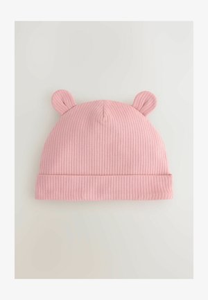 Roza rebrasta pletena kapa s manžetom, koja ima dva mala uspravna uha na vrhu. Mekana tekstura i rastezljiv materijal za udobnost.