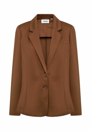 Blazer marrone con vestibilità su misura, due bottoni e revers a punta. Realizzato in tessuto liscio con silhouette strutturata e senza motivi visibili.