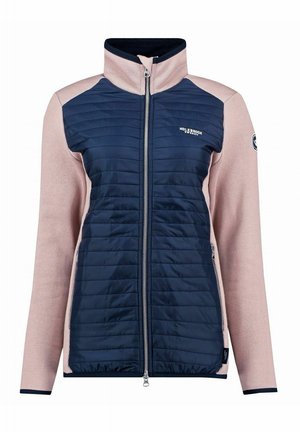 Navy quilted jacket with pink knit sleeves, high collar, full-length zipper, and logo detail on the left chest and sleeve.