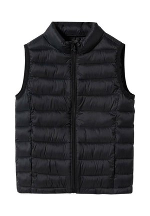 Sort ærmeløs dunvest med høj krave, vandret quiltet mønster og forlynlås. Glat, letvægtsmateriale.