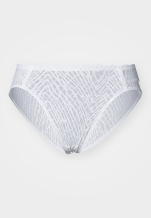 Weiße Spitzenbikiniunterwäsche mit einem strukturierten, abstrakten Muster, weichem elastischem Bund und glatten Kanten für einen bequemen Sitz.