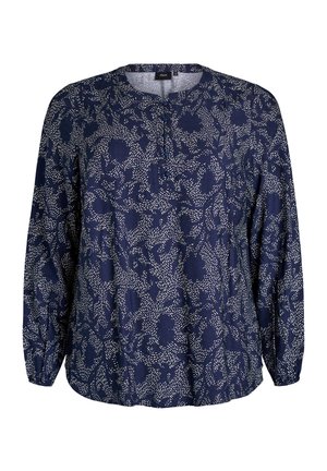 Blusa blu navy realizzata in tessuto leggero con un motivo floreale e astratto in bianco. Collo rotondo con bottoni e maniche lunghe.