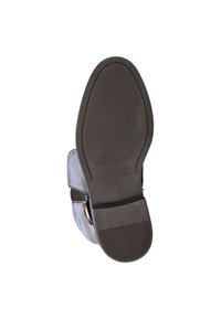 Black rubber sole with treads, brown leather strap detail, and gray fabric upper. Notable curvature in heel area. Size 37 marked on sole.