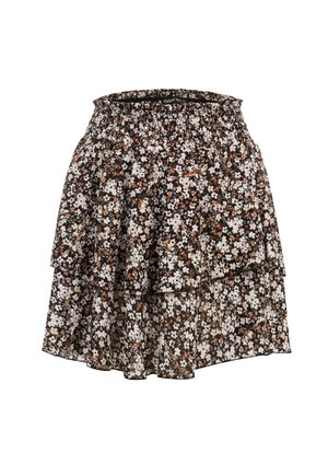 Schwarzer, gestufter Minirock mit elastischem Bund und kleinem Blumenmuster in Weiß, Braun und Orange.