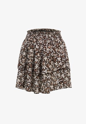 Sort blomster-ternet mininederdel med elastisk taljebånd og hvidt, brunt og orange småblomstret mønster.