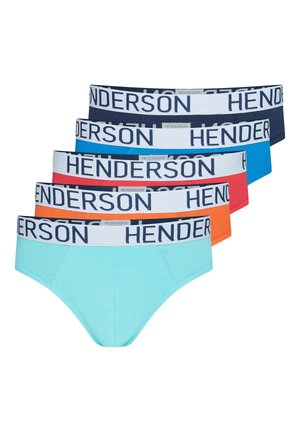 Fünf Herren-Slips in Marine, Blau, Rot, Orange und Hellblau mit weißen Taillenbändern, beschriftet mit "Henderson" in dunkelblauen Buchstaben.
