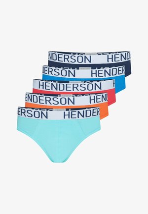 Fünf Herren-Slips in Marine, Blau, Rot, Orange und Hellblau mit weißen Taillenbändern, beschriftet mit "Henderson" in dunkelblauen Buchstaben.