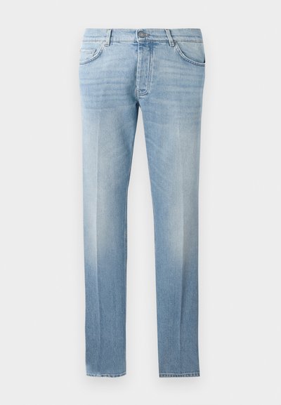 Light blue denim jeans with a straight leg cut, subtle fading, five-pocket design, and a button fastening at the waist.