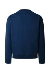 Sweat-shirt uni bleu marine à manches longues, vu de dos, avec poignets et ourlet côtelés sur fond blanc.