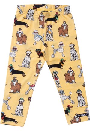 Pantalones amarillos para niños con perros de dibujos animados repetidos que llevan sombreros, gafas y bufandas en varias posturas.