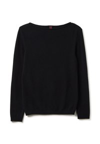 Schwarzer Strickpullover mit weitem Rundhalsausschnitt, langen Ärmeln und gerippten Bündchen und Saum. Hergestellt aus weichem Stoff mit glatter Textur.