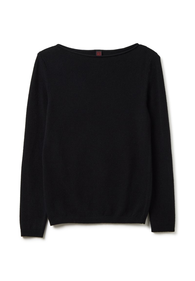 Schwarzer Strickpullover mit weitem Rundhalsausschnitt, langen Ärmeln und gerippten Bündchen und Saum. Hergestellt aus weichem Stoff mit glatter Textur.