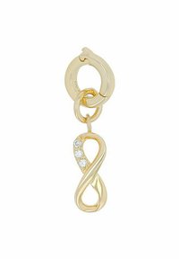 Orecchini in tono oro a forma di infinito con quattro gemme trasparenti e un cerchio superiore, finitura lucida e superficie liscia.