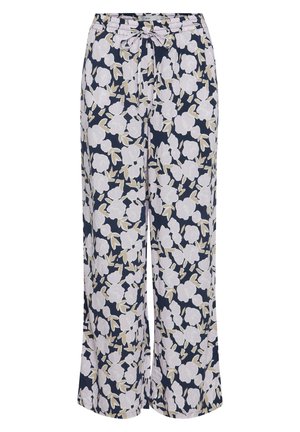 Blumige weite Hosen mit navy Hintergrund, ausgestattet mit großen weißen Blüten und grünen Akzenten. Elastischer Bund mit einem Bindeband.