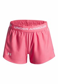 Pink athletic shorts made of textured fabric, featuring an elastic waistband with "UNDER ARMOUR" logo and a small emblem on the hem.