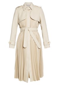 Beige trenchcoat med en plisserad kjol, långa ärmar, knäppbara ärmslut, detaljerad krage och ett självbindande bälte i midjan.