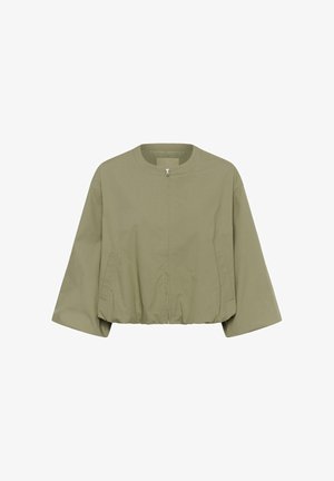 Olive green cropped jacket with a round collar, front zipper, wide sleeves, and two side pockets.