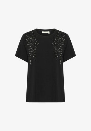 Schwarzes T-Shirt mit kurzen Ärmeln, das mit einem verzierten Design aus goldenen Nieten in einem Zickzackmuster auf der Vorderseite ausgestattet ist. Rundhalsausschnitt.