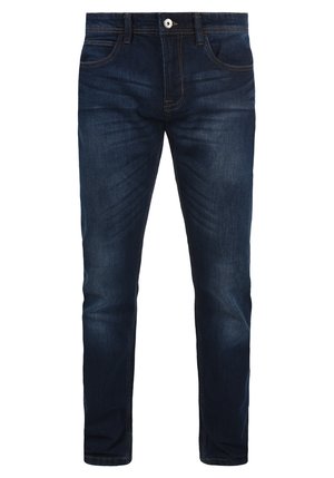 Tmavomodré džíny z denimu s klasickým rovný strihom, piatimi vreckami a kontrastným šitím pozdĺž švov. Hladká textúra.