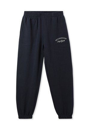 Pantaloni da tuta blu navy con vita elasticizzata, polsini a coste e logo ricamato "Exclusive Club New York" sul lato sinistro superiore.