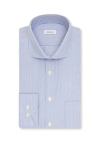 Chemise habillée à manches longues bleue et blanche rayée, à poignets boutonnés et col italien, étiquetée "seidensticker".