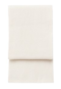 Cream ribbed scarf made of soft fabric, featuring a folded design. Its texture is smooth with a consistent vertical pattern.