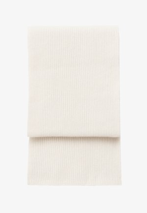 Cream ribbed scarf made of soft fabric, featuring a folded design. Its texture is smooth with a consistent vertical pattern.
