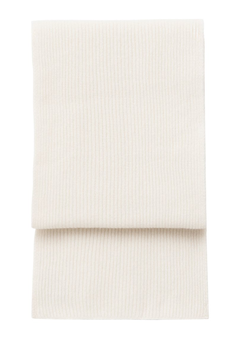 Cream ribbed scarf made of soft fabric, featuring a folded design. Its texture is smooth with a consistent vertical pattern.