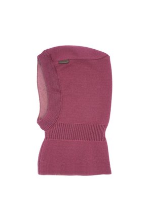 Knit wool balaclava in dark pink with ribbed edges and an elastic waistband section for head and neck warmth.