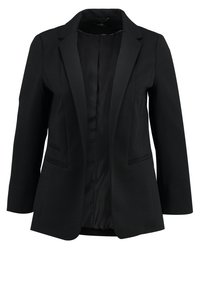 Schwarze Damenblazer mit langen Ärmeln, Reverskragen und zwei vorderen Schlitztaschen, unknopft mit sichtbarem glattem Innenfutter.