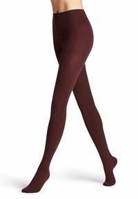Collant bordeaux con una trama liscia e opaca e un design a vita alta. Presenta un'area della punta rinforzata e linee semplici e pulite.
