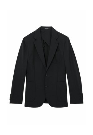 Schwarzer, einreihiger Herrenblazer mit Kerbkragen, zwei Knöpfen vorne, drei Taschen und geknöpften Ärmelbündchen, flach liegend dargestellt.