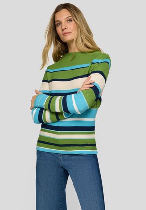 Strickpullover mit breiten horizontalen Streifen in Grün, Blau und Creme. Verfügt über einen Rundhalsausschnitt und lange Ärmel mit gerippten Bündchen.