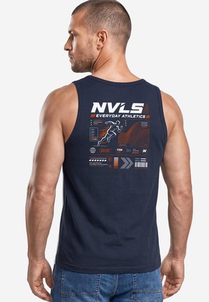 Man seen from behind wearing a navy sleeveless shirt with white and orange NVLS Everyday Athletics graphic including a running figure and chart.
