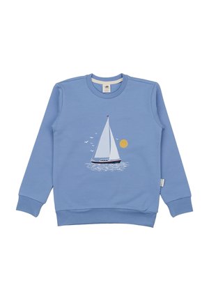 Light blue crewneck sweatshirt with a sailboat, seagulls, and sun graphic on the front.