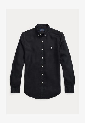 Camisa negra de manga larga con botones blancos, cuello abotonado y pequeño logo blanco de Polo Ralph Lauren en el pecho.
